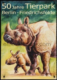 2w0172 TIERPARK BERLIN 24x33 German special poster 2005 art of Indian rhinos by Reiner Zieger, rare!