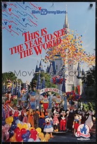 2w0273 WALT DISNEY WORLD 20x30 special poster 1986 cast & balloons outside Cinderella's Castle!