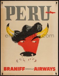 2w0204 BRANIFF INTERNATIONAL AIRWAYS PERU 22x26 travel poster 1960s art of snorting bull, rare!