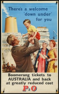2w0216 P&O 25x40 English travel poster 1950s boomerang tickets to Australia, grandfather & child!