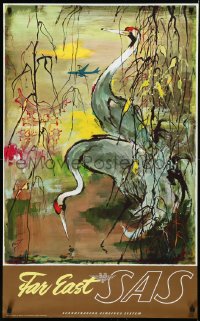 2w0217 SAS FAR EAST 25x39 Danish travel poster 1960s great Otto Nielson art of cranes!