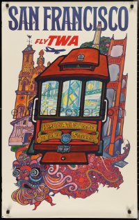 2w0227 TWA SAN FRANCISCO 25x40 travel poster 1960s fantastic art of cable car & city by David Klein!