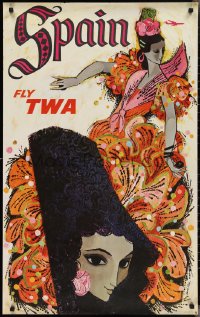 2w0228 TWA SPAIN 25x40 travel poster 1960s colorful David Klein art of pretty Spanish dancer!