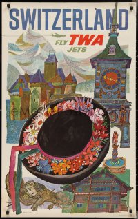 2w0229 TWA SWITZERLAND 25x40 travel poster 1960s wonderful art of hat & landmarks by David Klein!