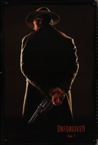 2w1176 UNFORGIVEN teaser DS 1sh 1992 image of gunslinger Clint Eastwood w/back turned, dated design!