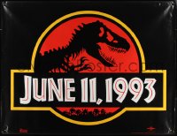 2w0014 JURASSIC PARK vinyl banner 1993 Steven Spielberg, classic logo with T-Rex over red background