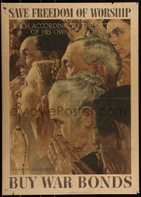 2w0125 SAVE FREEDOM OF WORSHIP 20x28 WWI war poster 1943 Norman Rockwell Four Freedoms art!