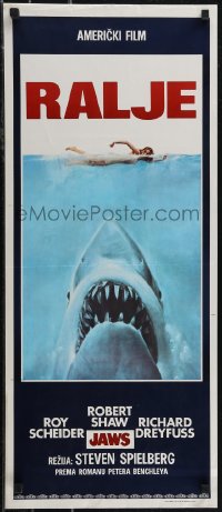2w0334 JAWS Yugoslavian 14x32 1975 Spielberg's man-eating shark attacking swimmer, Ralje!