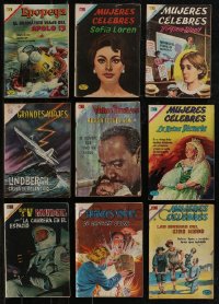 2x0266 LOT OF 9 MEXICAN COMIC BOOKS BASED ON REAL PEOPLE & EVENTS 1960s Apollo 13, Sophia Loren!