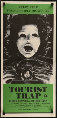2y0521 TOURIST TRAP Aust daybill 1979 Charles Band, wacky horror image of masked woman with camera!