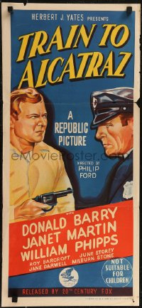 2y0523 TRAIN TO ALCATRAZ Aust daybill 1948 art of Don Red Barry pointing gun at cop!