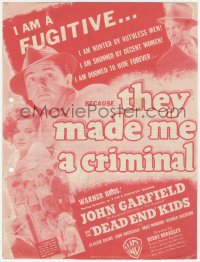 2y1637 THEY MADE ME A CRIMINAL herald 1939 John Garfield is a fugitive hunted by ruthless men, rare!