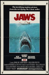 2y0774 JAWS 1sh 1975 Roger Kastel art of Spielberg's man-eating shark attacking sexy swimmer!