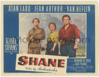 2y1307 SHANE LC #6 1953 posed studio portrait of Alan Ladd, Jean Arthur & Van Heflin with guns!