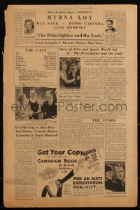 2y0209 PRIZEFIGHTER & THE LADY pressbook 1934 great images of Myrna Loy & boxer Max Baer, very rare!