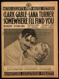 2y0225 SOMEWHERE I'LL FIND YOU pressbook 1942 wonderful close up art of Clark Gable kissing Lana Turner!