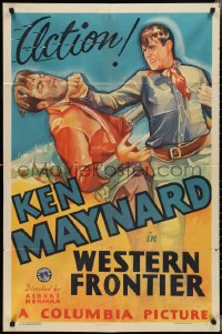 2y0925 WESTERN FRONTIER 1sh 1935 cool close up art of cowboy hero Ken Maynard punching bad guy!