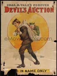 2z0039 DEVIL'S AUCTION 21x29 stage poster 1900s art of man carrying devil in sack, ultra rare!