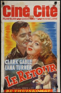 2z0388 HOMECOMING Belgian 1949 close up art of Clark Gable & Lana Turner, WWII, ultra rare!