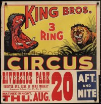 2z0007 KING BROS. 3 RING CIRCUS 21x28 circus poster 1950s wonderful artwork of hippo and lion!