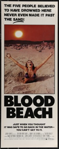 2z0765 BLOOD BEACH insert 1981 Jaws parody tagline, image of sexy girl in bikini sinking in sand!