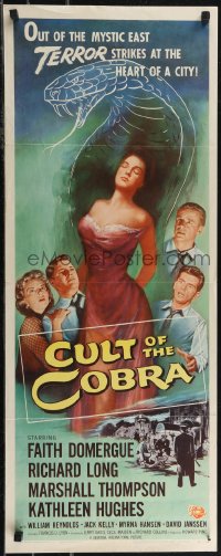 2z0772 CULT OF THE COBRA insert 1955 full-length art of sexy Faith Domergue & giant cobra snake!