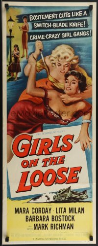 2z0778 GIRLS ON THE LOOSE insert 1958 classic catfight art of sexy girls in gangs, ultra rare!