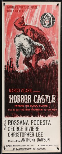 2z0782 HORROR CASTLE insert 1964 Where the Blood Flows, cool art of cloaked figure carrying girl!