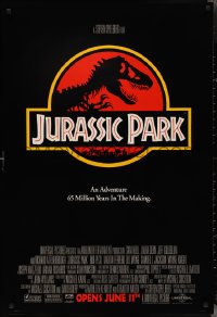 2z1024 JURASSIC PARK advance DS 1sh 1993 Steven Spielberg, classic logo with T-Rex over red background