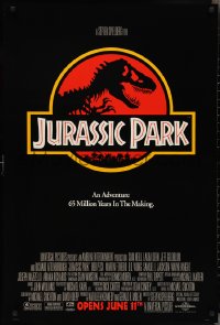 2z1025 JURASSIC PARK advance 1sh 1993 Steven Spielberg, classic logo with T-Rex over red background