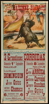 2z0280 PLAZA DE TOROS BAYONNE-BIARRITZ 9x20 Spanish special poster 1957 Santos Saavedra art!