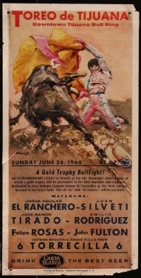 2z0294 TOREO DE TIJUANA 8x15 Mexican special poster 1966 dramatic Torres bullfighting toreador art!
