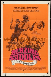 3b0268 BLAZING SADDLES int'l 1sh 1974 Mel Brooks, different cast montage on orange background
