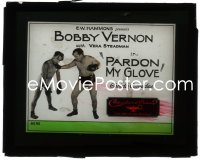 3b0803 PARDON MY GLOVE glass slide 1922 boxer Bobby Vernon holding up his opponent, Christie Comedy!