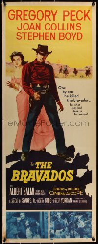 3b1139 BRAVADOS insert 1958 full-length art of cowboy Gregory Peck with gun & sexy Joan Collins!