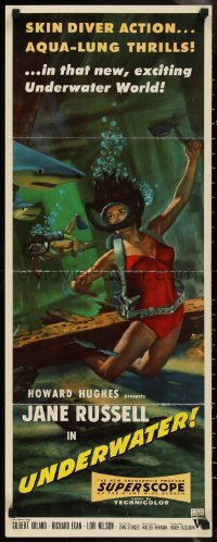 3b1177 UNDERWATER insert 1955 Howard Hughes, artwork of sexiest skin diver Jane Russell!