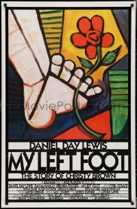 3b0330 MY LEFT FOOT int'l 1sh 1989 Daniel Day-Lewis, cool artwork of foot w/flower by Seltzer!