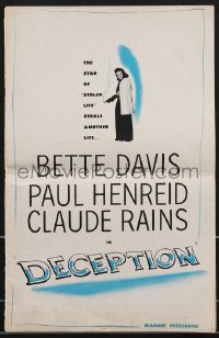 3b0174 DECEPTION pressbook 1946 great images of Bette Davis, Paul Henreid & Claude Rains, very rare!