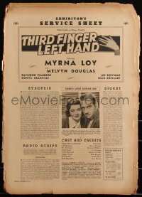 3b0151 THIRD FINGER LEFT HAND pressbook 1940 newlyweds Myrna Loy & Melvyn Douglas, ultra rare!