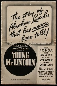 3b0170 YOUNG MR. LINCOLN pressbook 1939 Henry Fonda as President Abraham Lincoln, John Ford, rare!