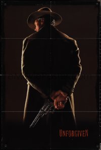 3b0381 UNFORGIVEN teaser 1sh 1992 gunslinger Clint Eastwood from behind, undated design!