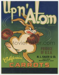3b0759 UP N' ATOM 7x9 crate label 1950s great art of cartoon rabbit wearing boxing gloves!