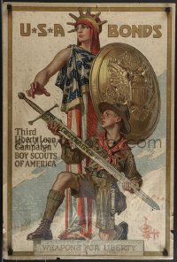 3b1296 USA BONDS 20x30 WWI war poster 1918 Leyendecker art of Boy Scout giving sword to Lady Liberty!