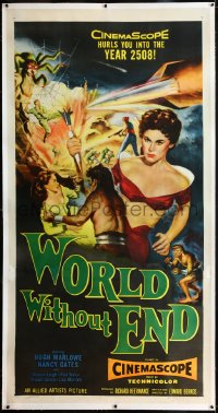 3d0026 WORLD WITHOUT END linen 3sh 1956 1st CinemaScope sci-fi thriller, different Reynold Brown art!