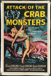3d0104 ATTACK OF THE CRAB MONSTERS linen 1sh 1957 Roger Corman, art of sexy girl attacked by beast!