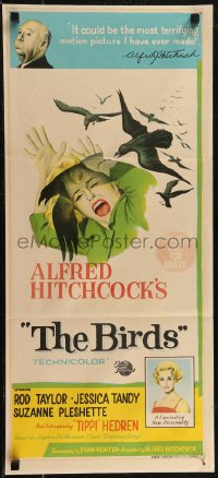 3d0425 BIRDS Aust daybill 1963 director Alfred Hitchcock shown, Tippi Hedren, attack artwork!