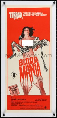 3d0285 BLOOD MANIA linen Aust daybill 1970 wild horror art, it rips the screams out of your throat!