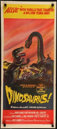 3d0428 DINOSAURUS Aust daybill 1960 great art of battling prehistoric T-rex & brontosaurus monsters!
