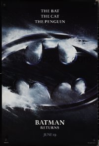 3d1286 BATMAN RETURNS teaser 1sh 1992 Burton, Keaton, The Bat, The Cat, The Penguin, logo design!