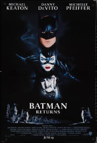 3d1287 BATMAN RETURNS int'l advance 1sh 1992 Burton, Keaton, DeVito, Pfeiffer, cool white date design!